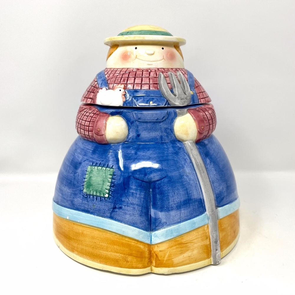 Vintage Roshco Ceramic Farmer Cookie Jar Farmer Holding Chicken and Pitchfork